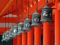 Lanterns at Heian Jingu shrine Kyoto Japan