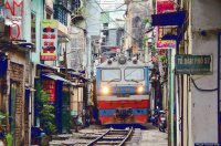 Railroad in a busy street Hanoi Vietnam