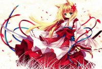 Chica animé con espadas y vestido blanco y rojo