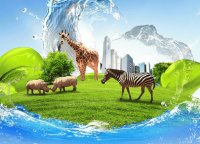 Paisaje fantasía con animales, ciudad y agua