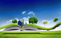 Paisaje fantasía con edificios, libro y cesped
