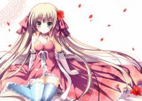 Chica animé con vestido violeta sentada en el piso