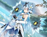 Chica animé de celeste con vestido tecnológico