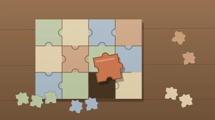 Illustration of a nearly finished jigsaw puzzle on a wooden table, with the final piece hovering over the last gap and loose pieces sorted into groups.