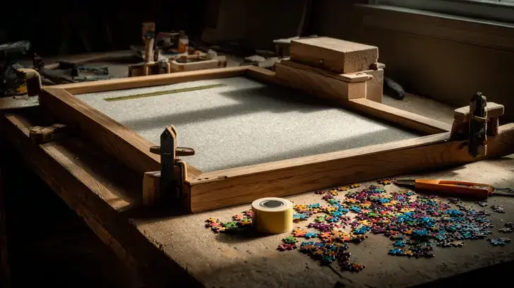 A DIY puzzle board under construction on a wooden workbench, with tools and puzzle pieces scattered nearby in warm afternoon light