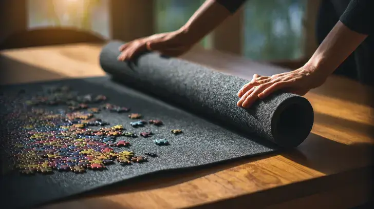 A close-up of hands rolling a grey felt mat with a partially finished, colorful jigsaw puzzle on a wooden table