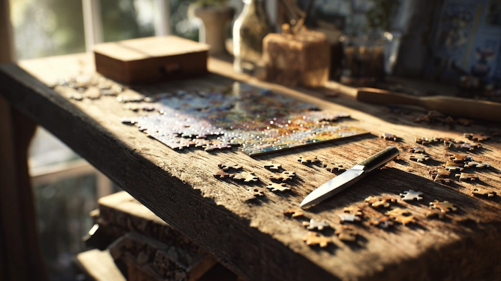 A partially completed DIY jigsaw puzzle on a wooden craft table with tools.