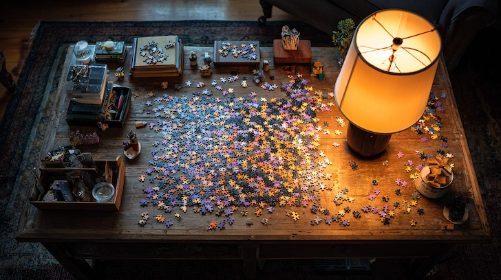 Partially completed 1000 piece jigsaw puzzle on a wooden table.