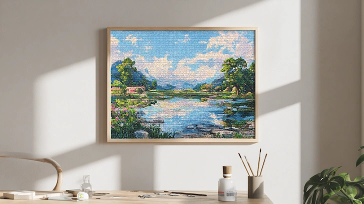 A completed and framed jigsaw puzzle of a landscape hanging on a gallery wall with art supplies on a table below.