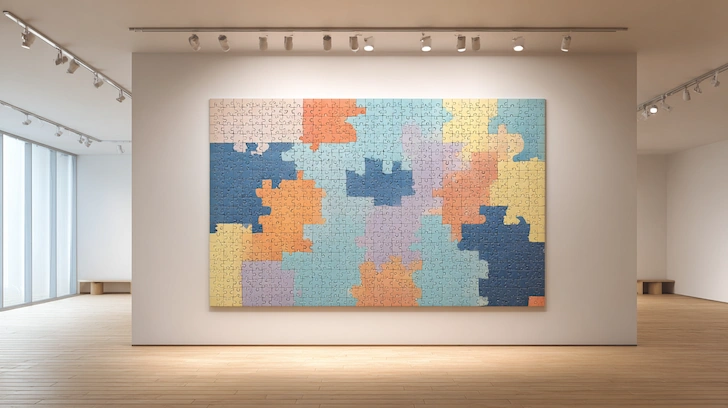 A minimalist illustration of a completed jigsaw puzzle with an abstract design hanging on a gallery wall without a frame.