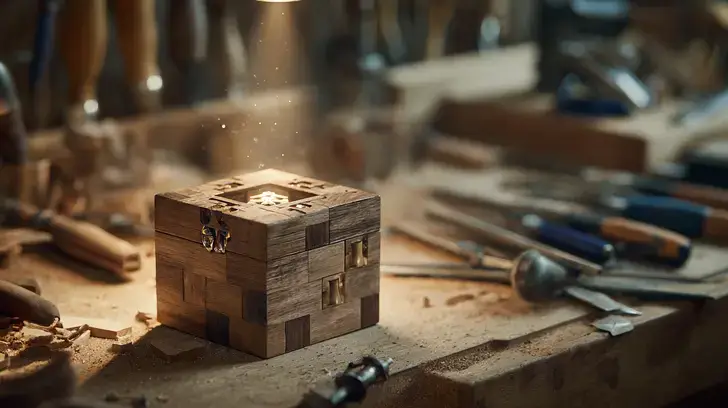 A close-up, cinematic photo of a wooden puzzle box being built on a workbench, with its internal locking pins glowing mysteriously