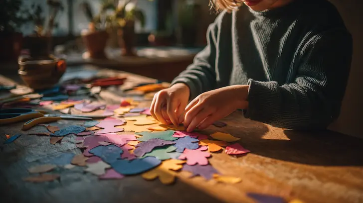 A child's hands assembling a colorful homemade cardboard puzzle on a sunlit craft table.