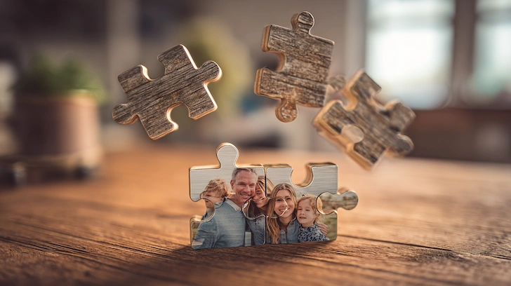 A personal family photograph on a wooden table magically turning into a jigsaw puzzle in a cozy craft room.