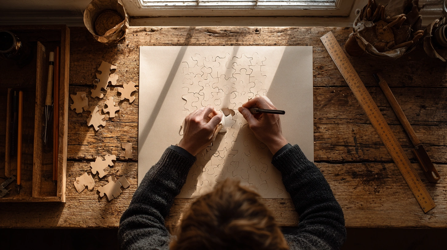 A top-down view of hands cutting puzzle pieces from blank cardboard on a wooden workbench with craft tools.