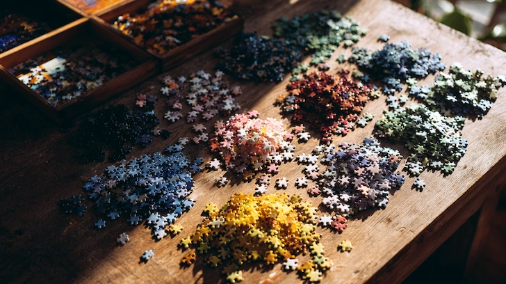 Sorted jigsaw puzzle pieces organized into distinct color groups on a wooden table.