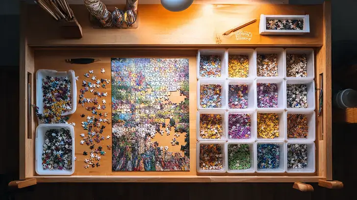 A high-angle view of a puzzle board with a partially completed jigsaw puzzle, with pieces neatly organized in sorting trays to the side