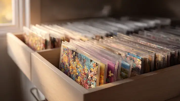 A close-up of a perfectly organized collection of jigsaw puzzles in clear pouches, filed vertically inside a wooden bin in warm morning light