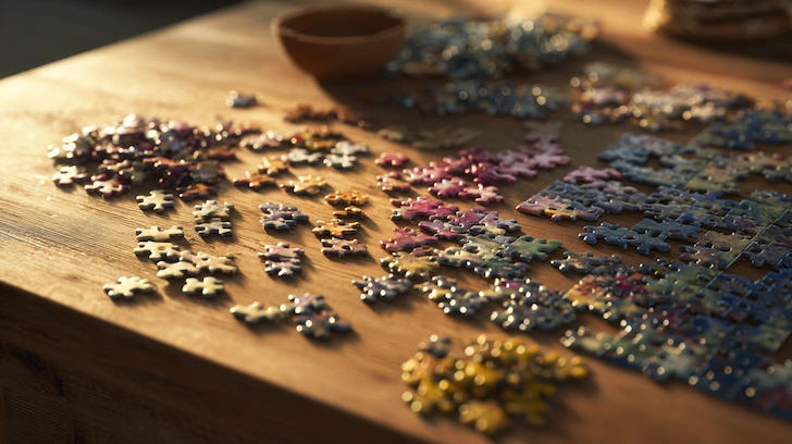 Partially assembled jigsaw puzzle on a wooden table with pieces sorted by color.