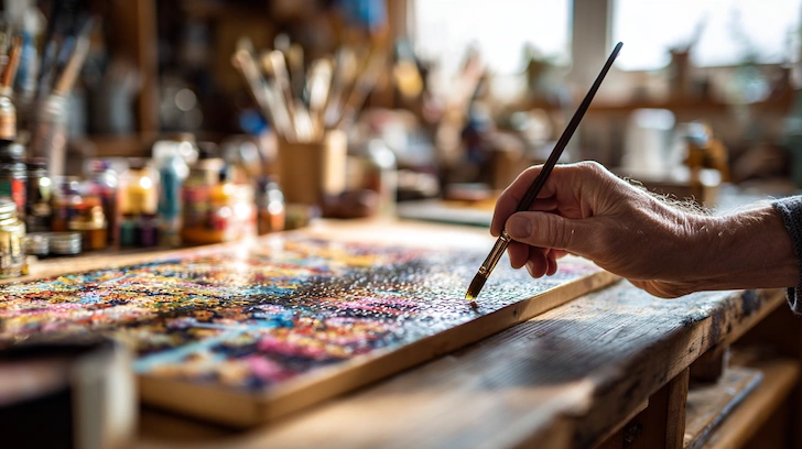 A close-up shot of a hand applying a clear sealant with a brush to a finished jigsaw puzzle on a wooden table.