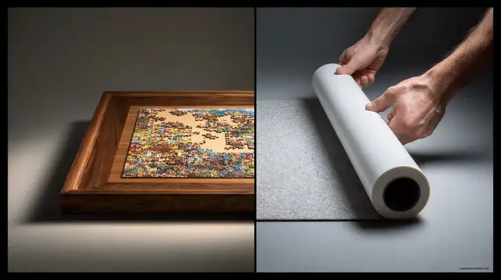 A split-screen image comparing a puzzle board on the left with a roll-up puzzle mat on the right, showing the difference in storage and form