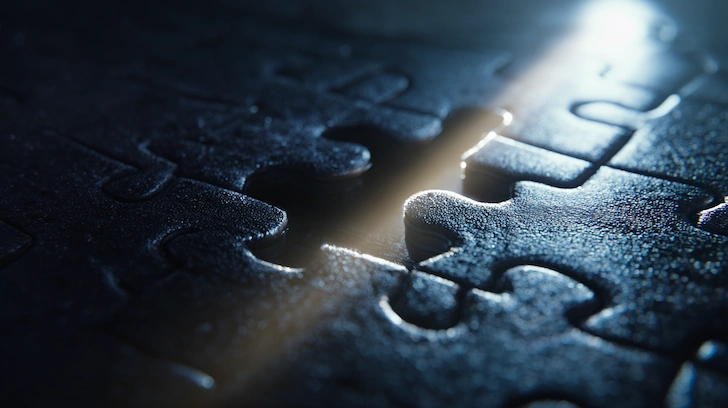 Close-up of a puzzle piece fitting perfectly into a complex pattern.