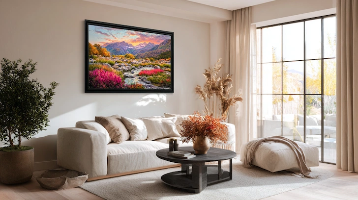 A completed jigsaw puzzle of a colorful landscape framed and hanging on a modern living room wall as art.