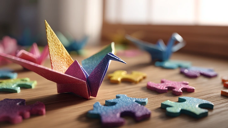 Colorful jigsaw puzzle pieces on a wooden table magically transforming into an origami bird taking flight representing new ideas for old puzzles.