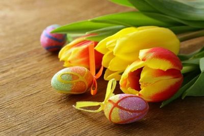 Flowers Tulips and Decorated Eggs