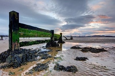 Seaside under lågvatten vid solnedgången