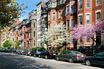 Brownstones elegantes em Back Bay, Boston, EUA