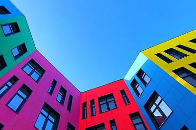 Multi-colored facades of a buildong jigsaw puzzle