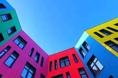 Multi-colored facades of a buildong