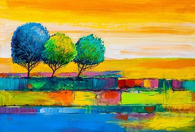 Paesaggio dipinto ad olio, alberi colorati. Pittura a mano