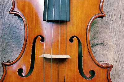 Violino em fundo de madeira