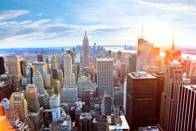 Aerial view of Manhattan skyline at sunset, NY