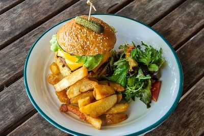 Gourmet cheeseburger with French fries and salad