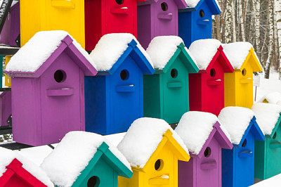 Vogelhaus im Winter. Der Schnee auf dem Vogelhaus. Pl