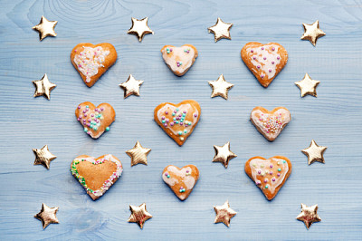 Gingerbread cookies on blue wooden background jigsaw puzzle