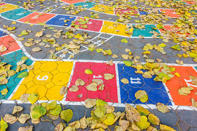 Hopscotch game painted on the floor as seen from a