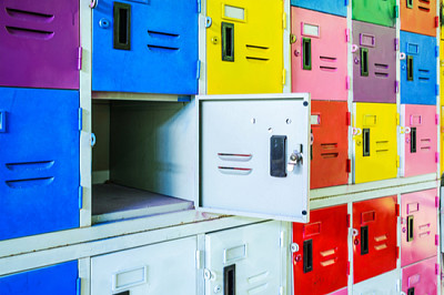 Rows of different colors metal lockers, select foc
