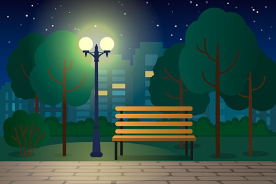 Paesaggio notturno con una panchina in un parco cittadino. piatto