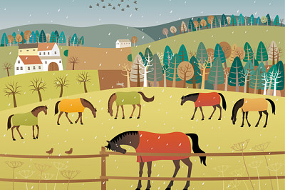 Inicio de la primavera. Ilustración de vector de caballo pastando