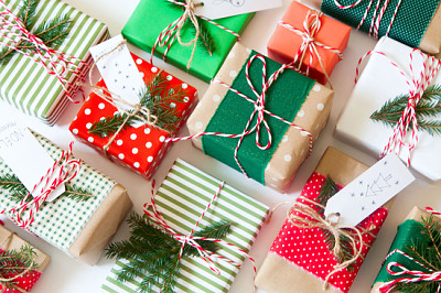 Gifts packed in striped paper and polka dots. Red  jigsaw puzzle