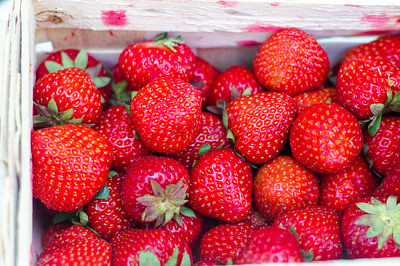 Fresas frescas de color rojo brillante en una canasta de madera o