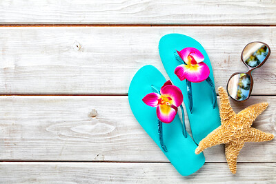 Beach Accessories on Wooden Background