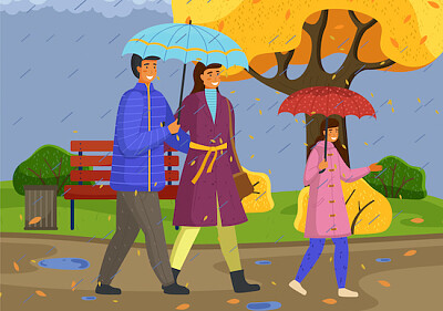 Family Walking in the Rain