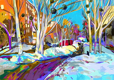 פאזל של ציור נוף עירוני בחורף