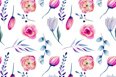 Watercolor pink peonies and blue branches jigsaw puzzle