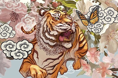 Tigre y mariposa en medio de los cerezos en flor