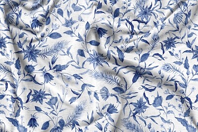 Silk Fabric with Blue Flowers